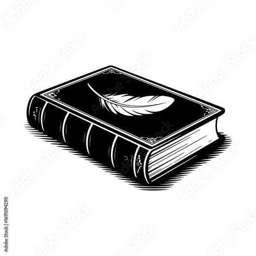 Old leather-bound book with a feather emblem on cover symbolizes knowledge history literature and classic storytelling vector