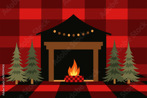 a cozy rustic cabin backdrop with plaid drapes in 