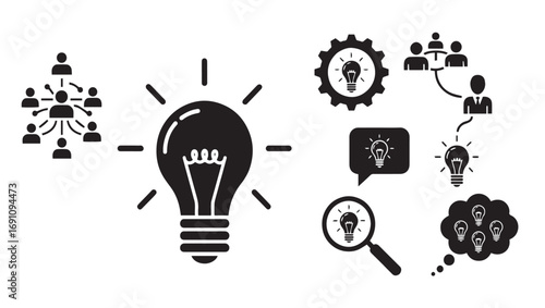 Idea generation and teamwork icons, lightbulb, creativity, innovation, brainstorming, collaboration, strategy, problem-solving, leadership