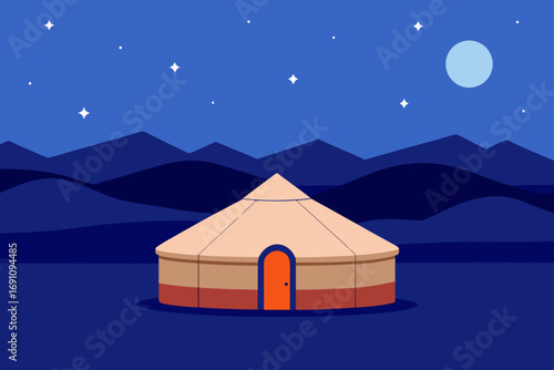 a cozy yurt in a vast steppe landscape  with a sta