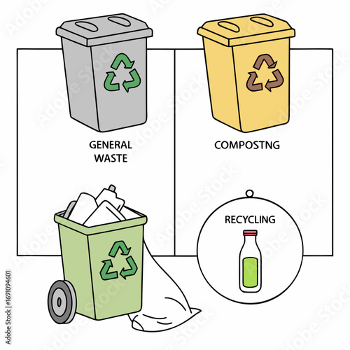 Recycling and waste management illustration with different bins for compost general waste and recycling materials