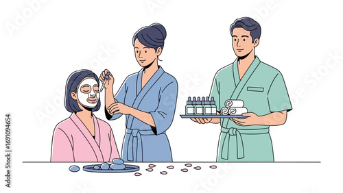 A serene woman receives a relaxing spa treatment from attentive therapists offering natural beauty products and herbal remedies for rejuvenation and wellness