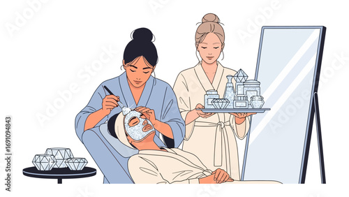 Woman receiving a professional manicure with nail care tools and beauty products displayed on a tray for spa treatments