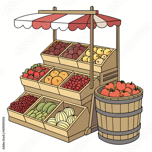 Illustration of a farmers market stand with fresh produce fruits and vegetables for sale at the market place