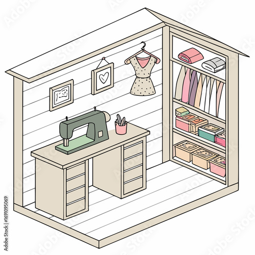 Isometric sewing room design with sewing machine closet and dress hanging on wall for creative projects