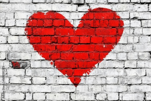 Vibrant Red Heart Shape Painted on Worn White Brick Wall, Urban Art Aesthetic with Natural Textures and Depth, Perfect for Valentine's Day or Street Art Projects, Evoking Love