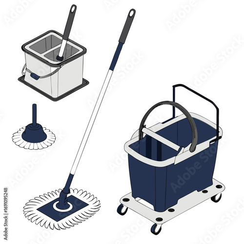 Professional Cleaning Equipment Vector Illustration with Wheeled Mop Bucket, Microfiber Mop, and Modern Sanitation Tools for Hygiene and Domestic Chores