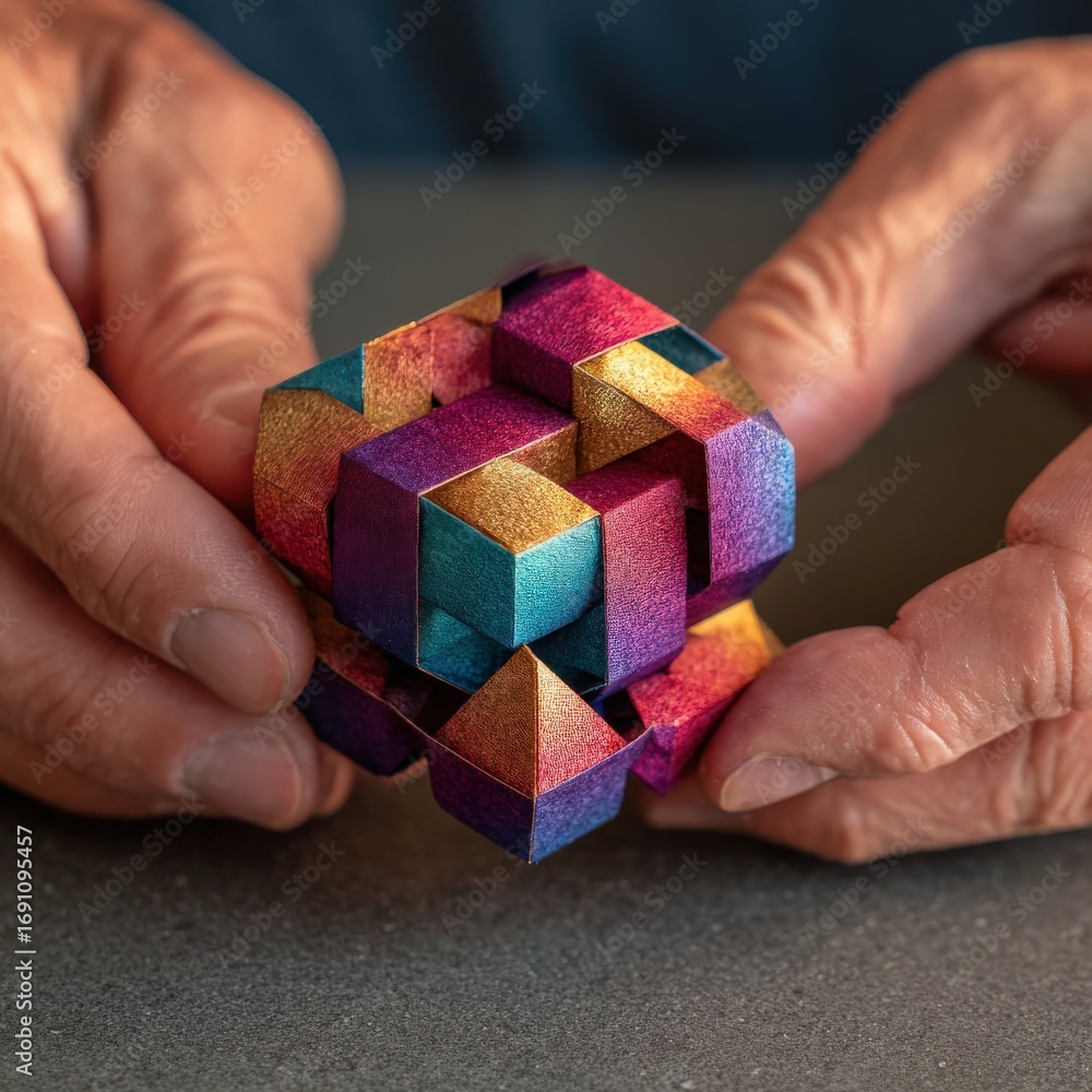 custom made wallpaper toronto digitalCloseup of hands holding a colorful, metallic geometric puzzle, symbolizing complexity and problemsolving