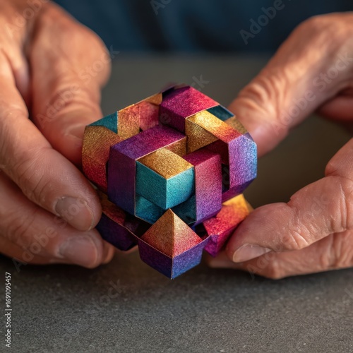 Wallpaper Mural Closeup of hands holding a colorful, metallic geometric puzzle, symbolizing complexity and problemsolving Torontodigital.ca