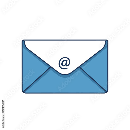 A light blue envelope with a white top flap and a black at symbol in the center of the flap area