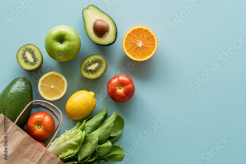 Fresh Produce Grocery Shopping Flat Lay with Avocados Apples Kiwi Oranges Lemons Tomatoes and Lettuce in a Paper Bag on a Blue Background