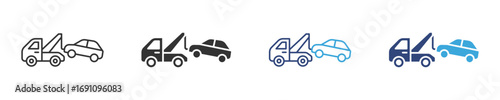 tow truck towing car icon set in outline and flat style , vector illustration. 