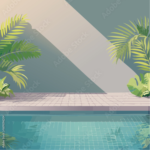 serene poolside scene with tropical plants casting shadows on a concrete wall
