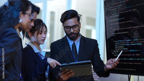A project lead facilitates a daily scrum meeting, reviewing the sprint backlog and user stories on a tablet with his team of software developers in a modern tech hub office.