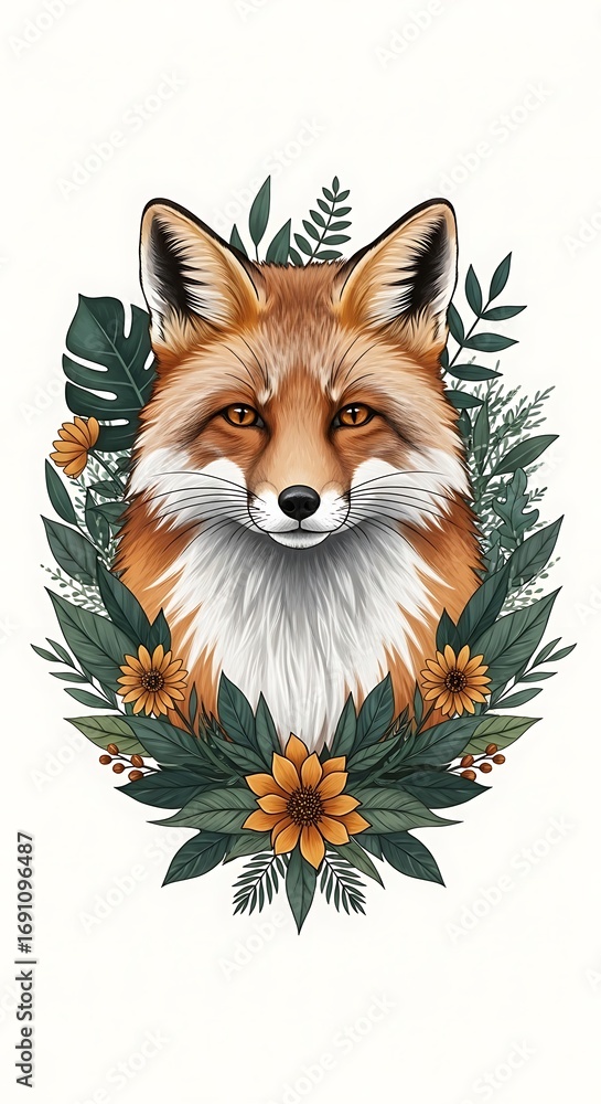 Obraz premium A captivating illustration of a fox's head, framed by a decorative arrangement of vibrant flowers and lush foliage, creating a serene and artistic composition.