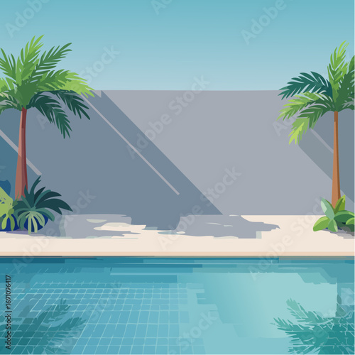 serene poolside scene with tropical plants casting shadows on a concrete wall