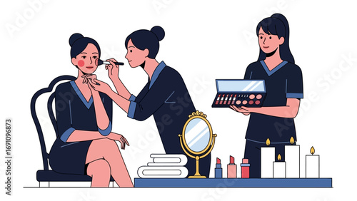 A woman receiving a manicure from a nail technician while another woman stands by holding a makeup case in a beauty salon setting