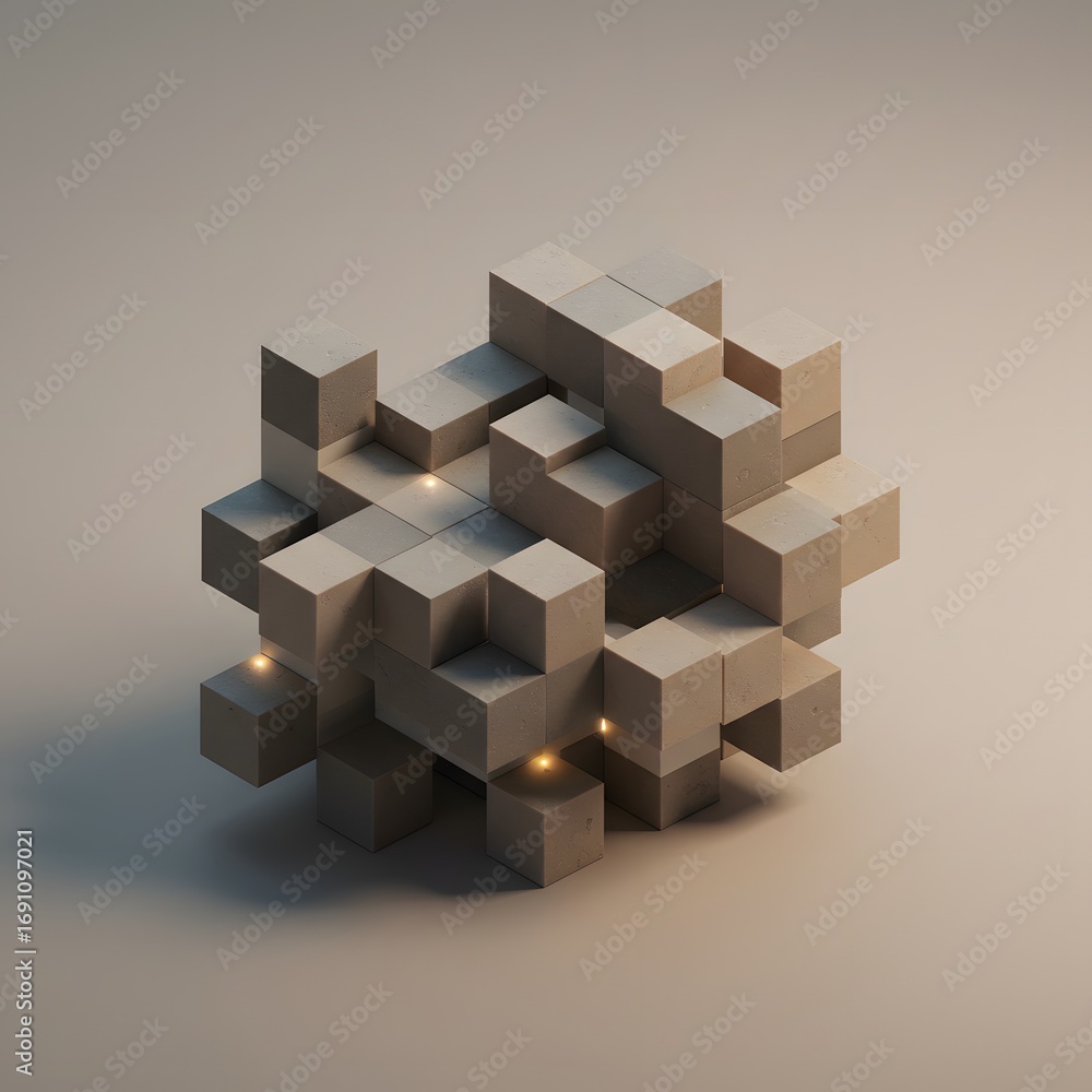Obraz premium 3D isometric cubes arranged in a geometric pattern on a subtle gradient background.