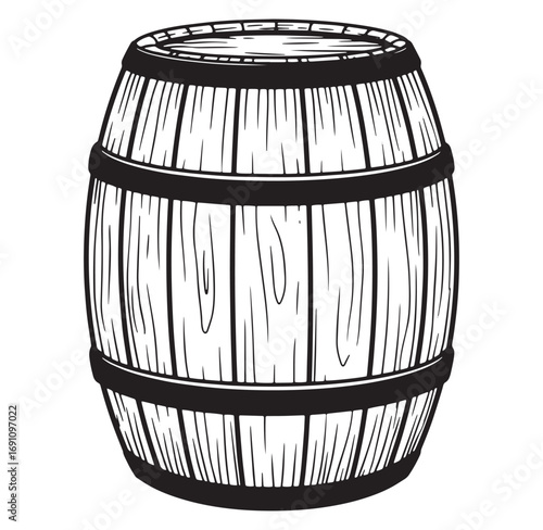 Hand drawn black and white illustration of a wooden barrel on white background