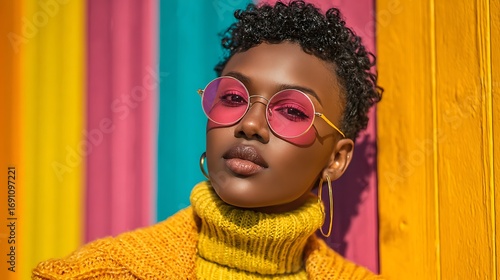 Stylish young black woman with pink sunglasses and yellow turtleneck against vibrant rainbow backdrop