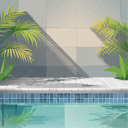 serene poolside scene with tropical plants casting shadows on a concrete wall