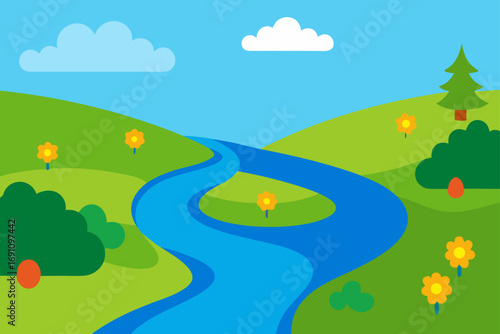 Illustration of a river flowing through green hills