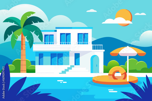 Tropical house by the pool with palm tree and sun