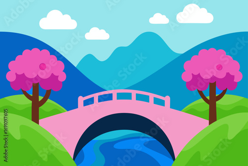 Illustration of a pink bridge over a blue river