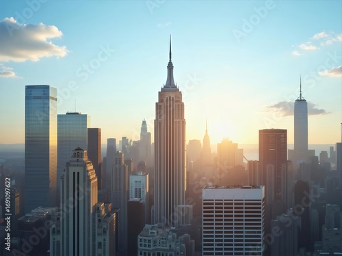 Cityscape Aerial View Of New York City Skyscrapers at Golden Sunset with Clear Sky and Bright