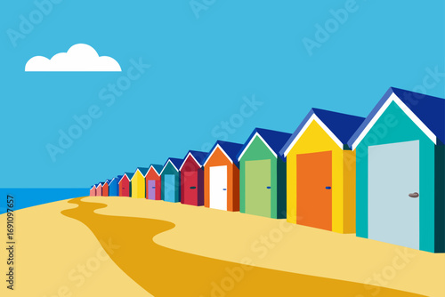 Colorful beach huts line the sandy shore under sky