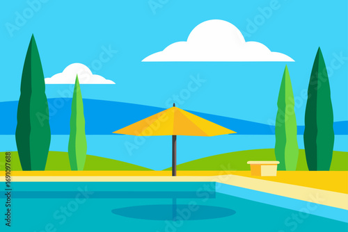 Poolside scene with umbrella and trees in daytime