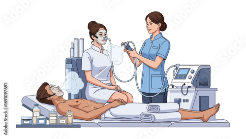 Two women in spa robes receiving facial treatments and massage from beauticians in a relaxing wellness center environment