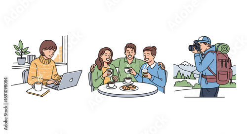 Casual daily life in a vector set freelancer working from home, friends chat at a coffee shop, and a traveler taking photos. Clean, modern, relatable art.