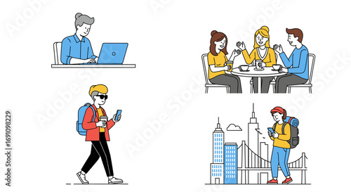 High-resolution vector set of daily life moments. Features scenes of remote work, coffee breaks, and city exploration. Perfect for modern design projects.