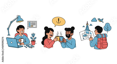 Modern daily routines in cartoon vector remote worker, joyful coffee break with friends, and a traveler on an adventure. Bold outlines, clean, fun art.