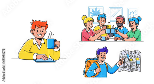 Modern daily lifestyle in a fun cartoon style a cheerful person working, friends enjoying coffee, and an excited traveler. Vibrant colors, expressive outlines.