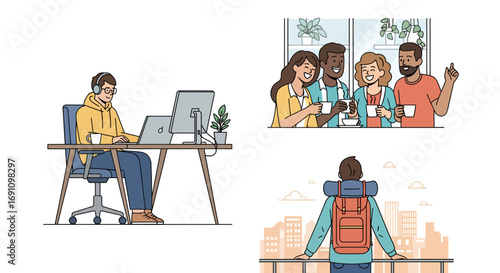Modern everyday moments in vector home office setup, social gathering with coffee, backpacker exploring a cityscape. Scalable graphics for various projects.