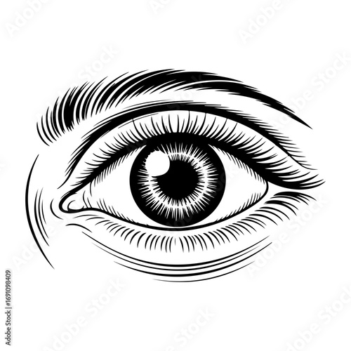Detailed black and white sketch of a human eye showing iris pupil eyelashes and eyebrow lines vector