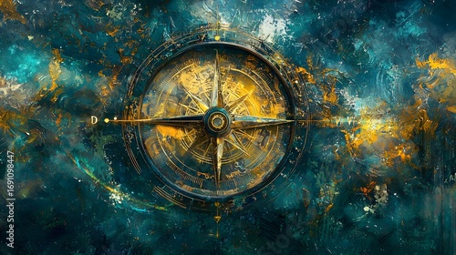 A fantasy navigational compass points the way through a swirling cosmic nebula, an epic abstract digital painting created by generative AI