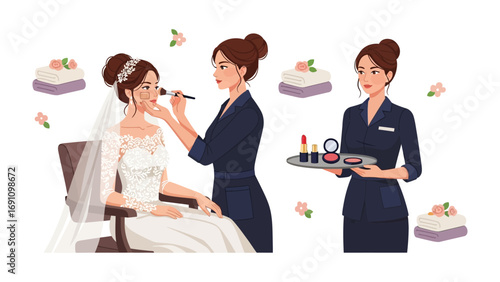 Young woman receiving a facial treatment with a mask applied by a beautician in a spa setting with mirrors and beauty products