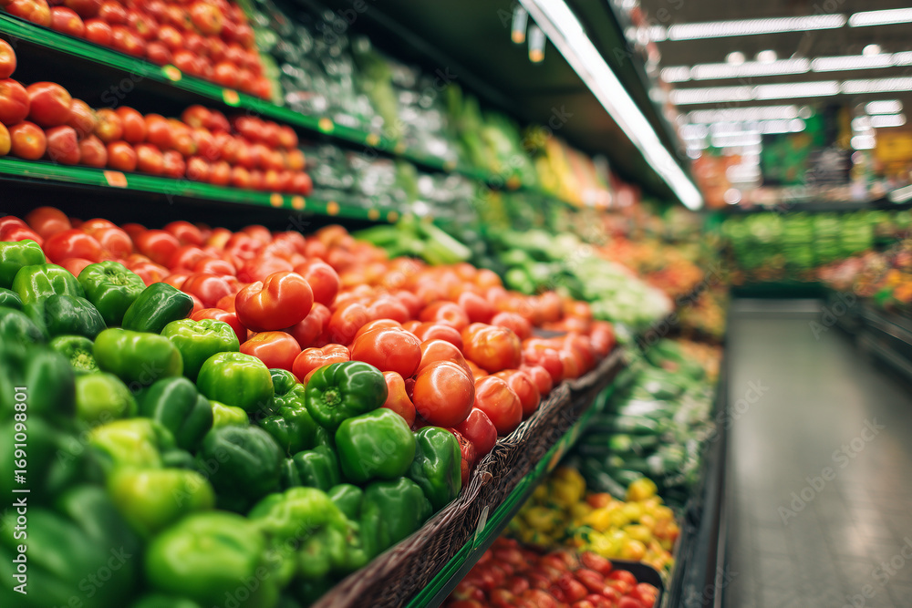 Obraz premium Produce Display of Green Peppers and Tomatoes in Grocery Store