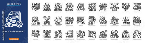 Head Hunting icon collection line style. Talent Search, Candidate Pool, Job Matching, Resume Review, Skill Assessment, Executive Search, Talent Acquisition. Vector illustration