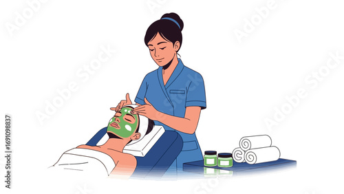 Two women receiving cosmetic treatments in a modern spa with two beauticians operating advanced aesthetic equipment and skincare products