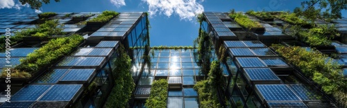 Modern sustainable architecture with greenery and solar panels under a clear blue sky in an urban setting