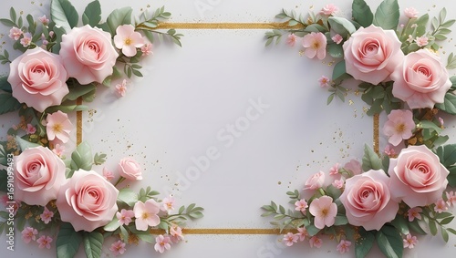 Elegant Pink Rose Floral Frame with Gold Glitter