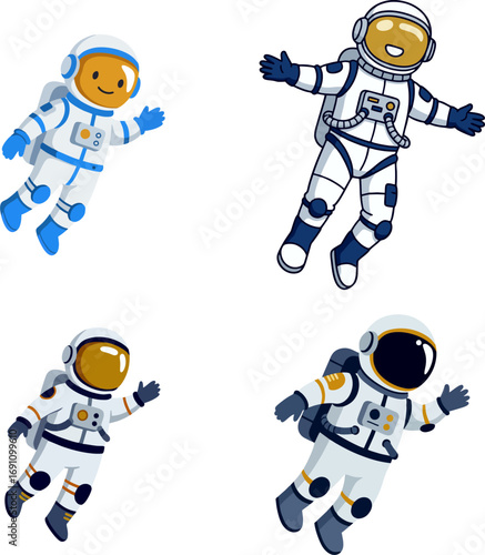 Vector set of diverse cartoon astronauts in spacesuits exploring outer space. Fun characters for science and adventure themes