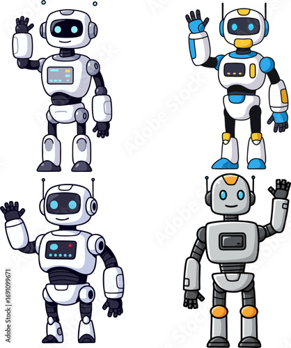 Four distinct and friendly cartoon robots, each cheerfully waving, symbolizing approachable artificial intelligence and the playful side of modern technology