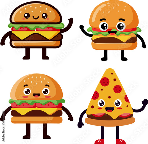 Set of cute kawaii cartoon fast food characters. Happy burger and pizza slice mascots with faces, arms, and legs waving hello. Vector illustration