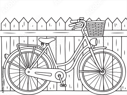 Black-and-white line art of a bicycle resting beside a wooden fence, ideal for outdoor themes