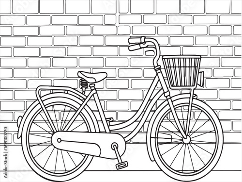 Hand-drawn illustration of an old-fashioned bicycle with flowers and a fence in the background